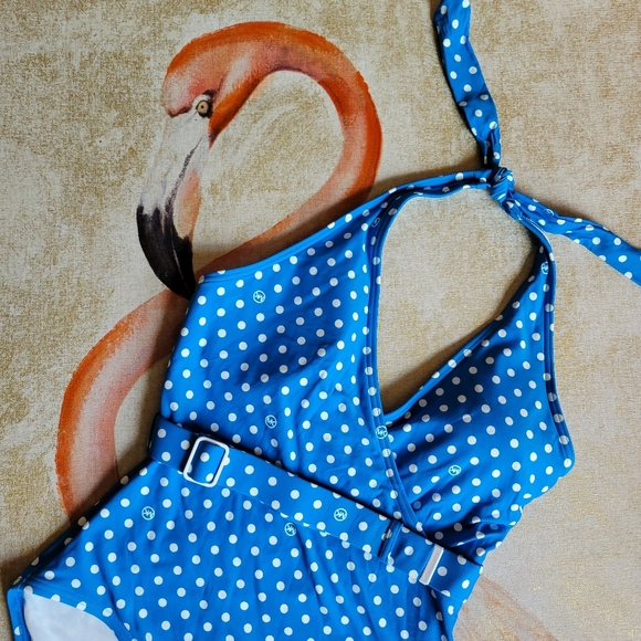 MICHAEL Michael Kors Other - Michael Kors Polka Dot One Piece Swimwear Belt Halter Cyan Blue White 10